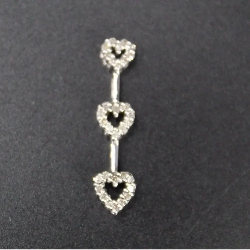 10K White Gold Genuine Diamond Triple Heart Pendant Charm Open Heart Love 1”